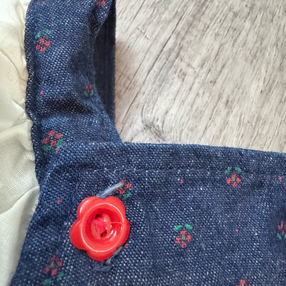 Vintage Healthtex Denim Navy Floral Lace-Trim Jumpsuit Red Accents Retro 90โs - Picture 6 of 8
